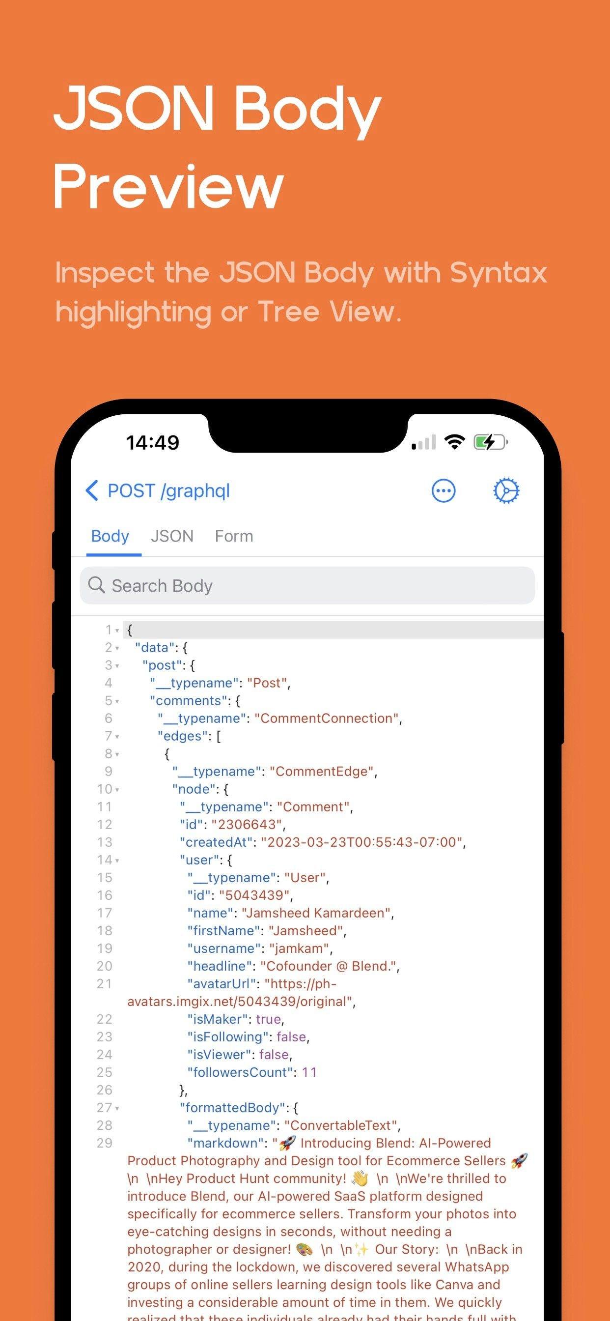 Proxyman for iOS - JSON Body Preview with syntax highlighting